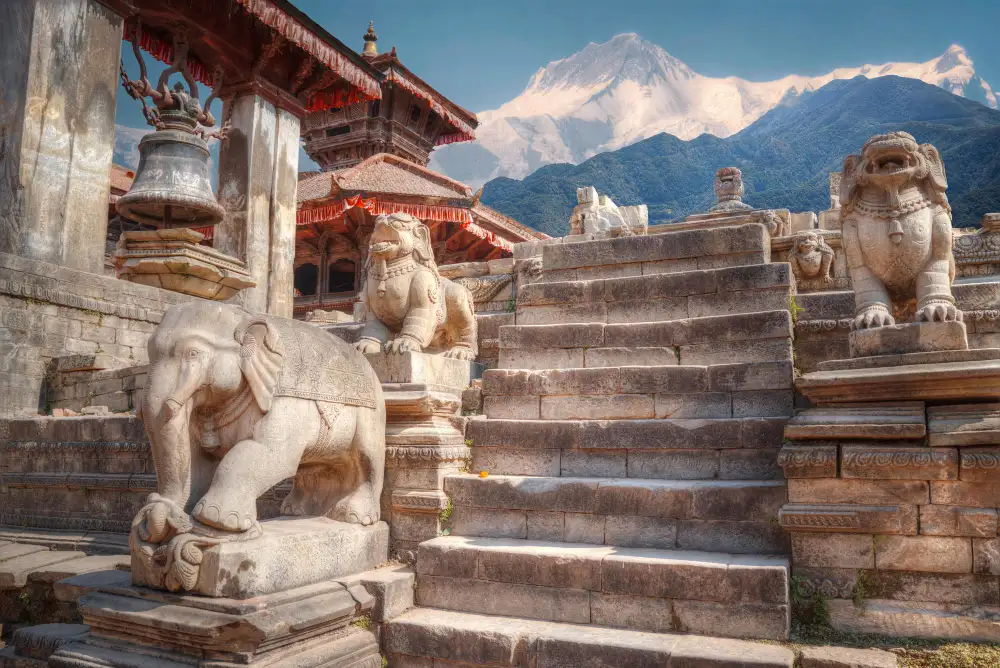 Stone elephant and lion guardian statues on the steps of Nyatapola Temple in Bhaktapur, Nepal