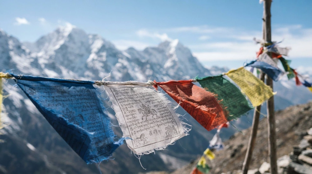 Colourful Buddhist prayer flags against snow-capped Himalayan peaks