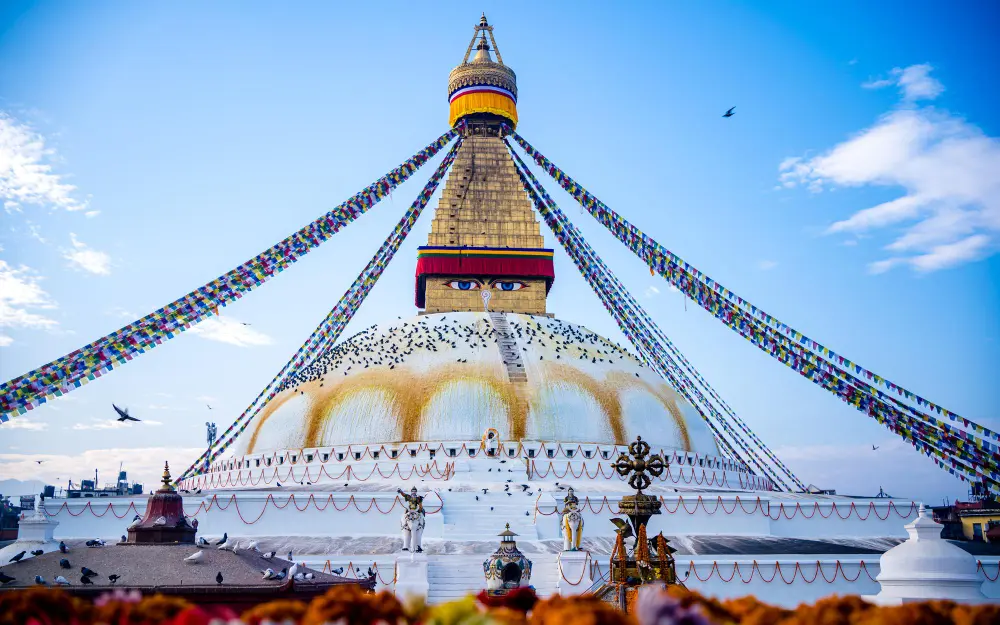Boudhanath Stupa with colourful prayer flags in Kathmandu