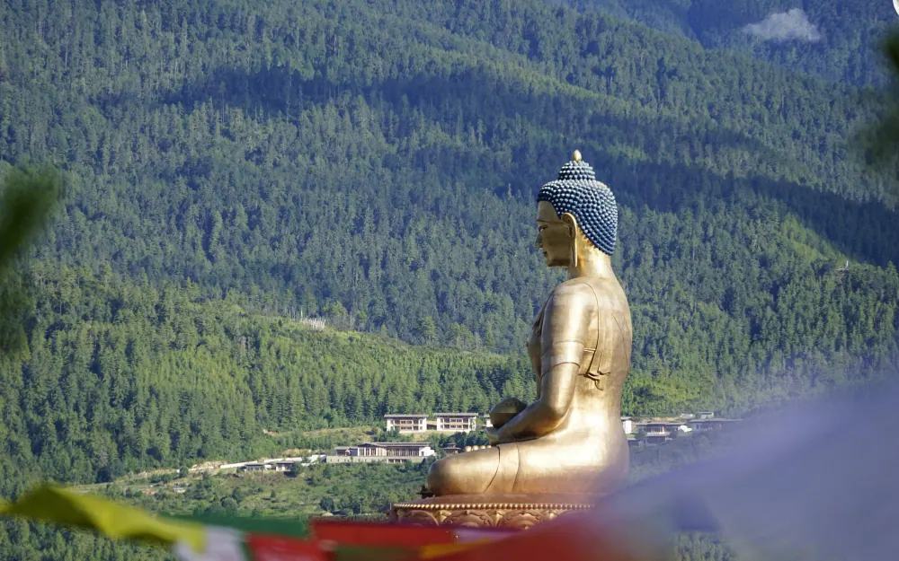 Buddha Dordenma statue overlooking the forested Thimphu valley in Bhutan