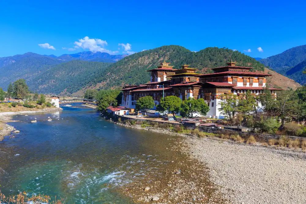Punakha Dzong on the riverbank beside the Mo Chhu in Bhutan