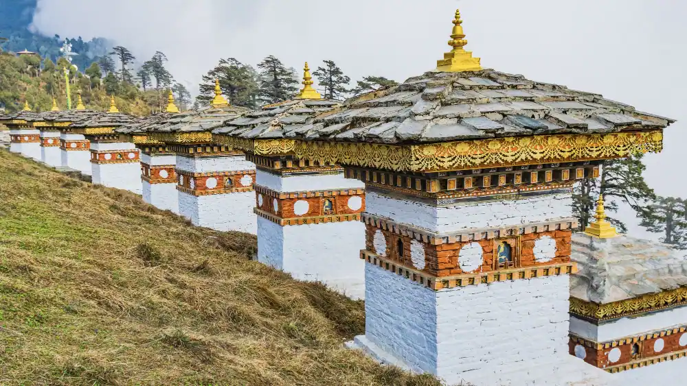 The 108 memorial chortens at Dochula Pass on the Thimphu to Punakha road in Bhutan