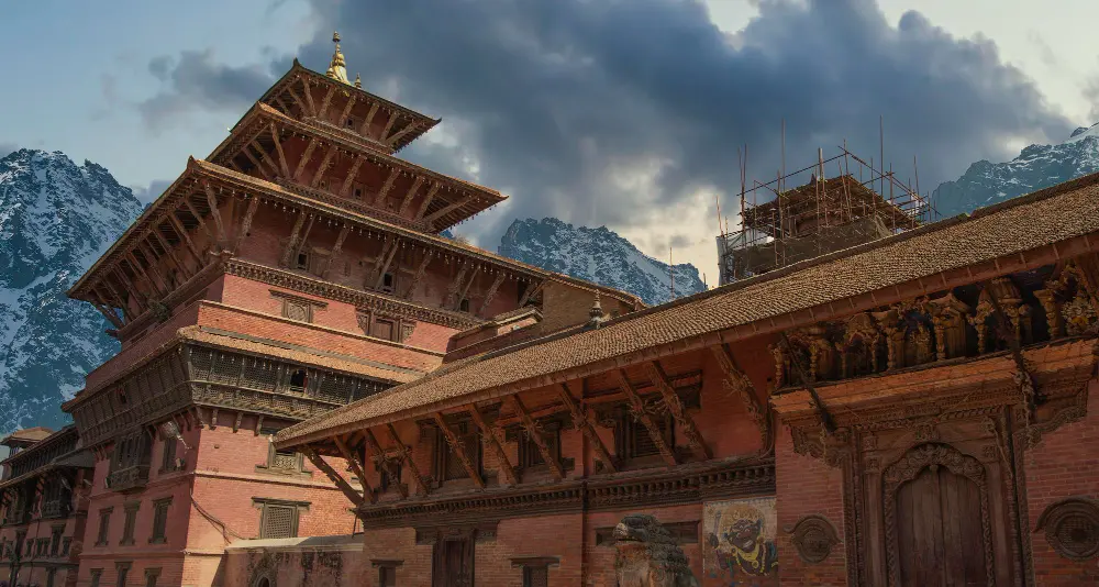 Newari pagoda-style temple with carved wooden roofs at Kathmandu Durbar Square, Nepal