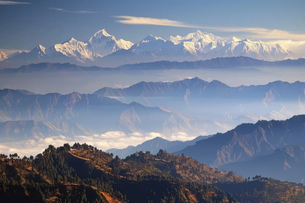 Machhapuchhre (Fishtail Peak) rising above misty hills, seen from Sarangkot, Nepal