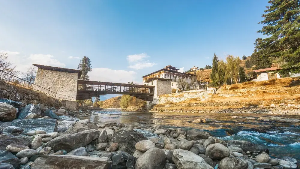 Nyamai Zam bridge leading to Rinpung Dzong across the Paro Chhu, Bhutan