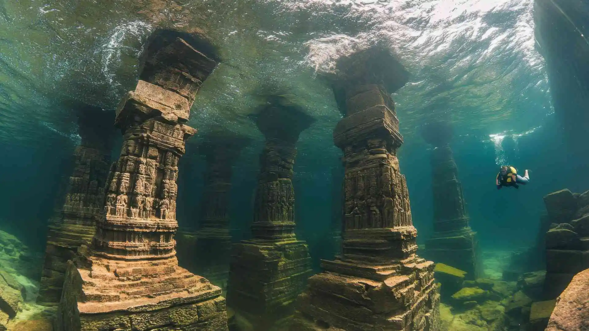 Scuba Diver Exploring The Underwater Ruins of Dwarka