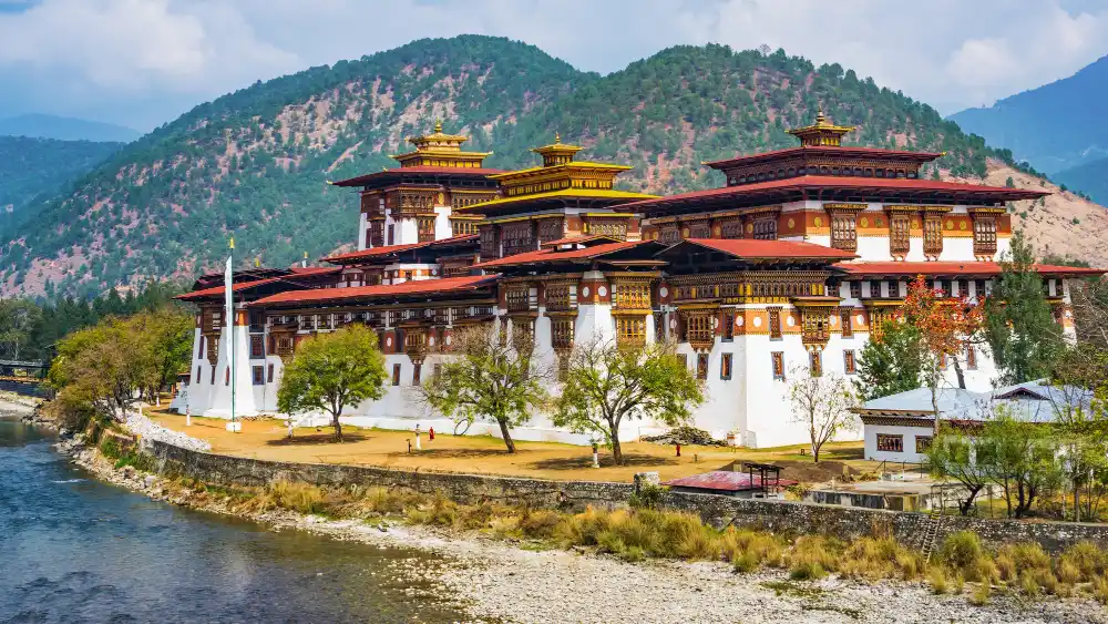 Punakha Dzong beside the river in Punakha, a highlight of the Golden Triangle of Bhutan tour with Thimphu, Punakha and Paro