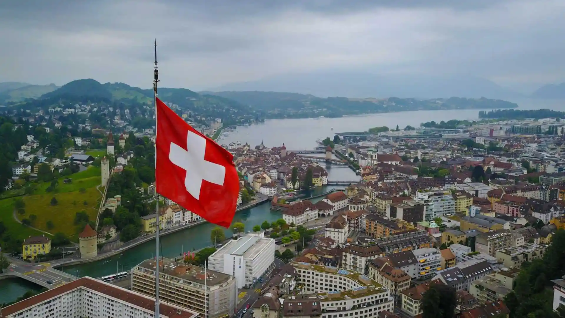 The Swiss Flag Flying over the City of Lucerne Switzerland